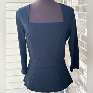 WHBM sS blk peplum top-looks NEW-square neck-ponte knit-side zip-3/4 sleeves